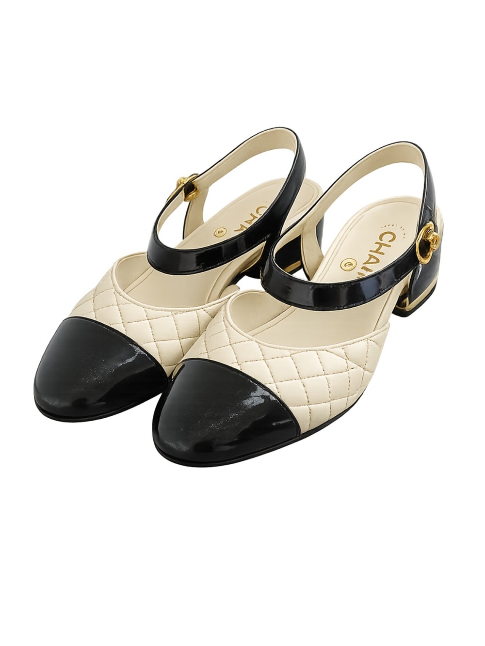 CHANEL Cream Quilted Mary Jane Flats with Black Patent Cap Toe - Picture 4 of 6